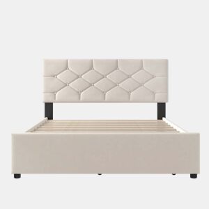 Cama estofada 140x200 cm - com estrado, sem colchão, com gaveta com rodízios, veludo, minimalista - bege