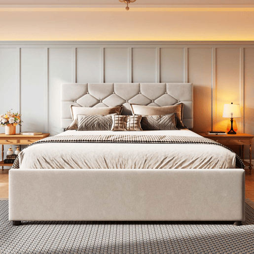 Cama estofada 140x200 cm - com estrado, sem colchão, com gaveta com rodízios, veludo, minimalista - bege Cama estofada 140x200 cm - com estrado, sem colchão, com gaveta com rodízios, veludo, minimalista - bege