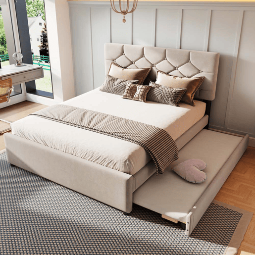 Cama estofada 140x200 cm - com estrado, sem colchão, com gaveta com rodízios, veludo, minimalista - bege Cama estofada 140x200 cm - com estrado, sem colchão, com gaveta com rodízios, veludo, minimalista - bege