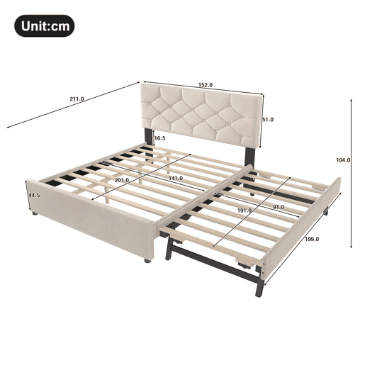 Cama estofada 140x200 cm - com estrado, sem colchão, com gaveta com rodízios, veludo, minimalista - bege Cama estofada 140x200 cm - com estrado, sem colchão, com gaveta com rodízios, veludo, minimalista - bege