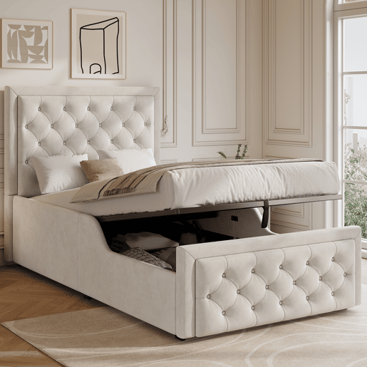 Cama de solteiro de veludo 90x200 cm com armazenamento,bege