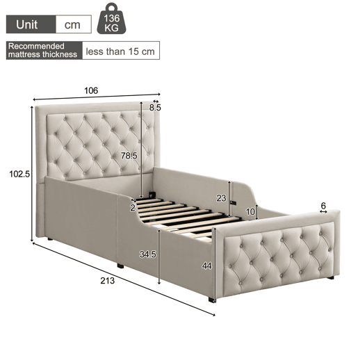 Cama de solteiro de veludo 90x200 cm com armazenamento,bege