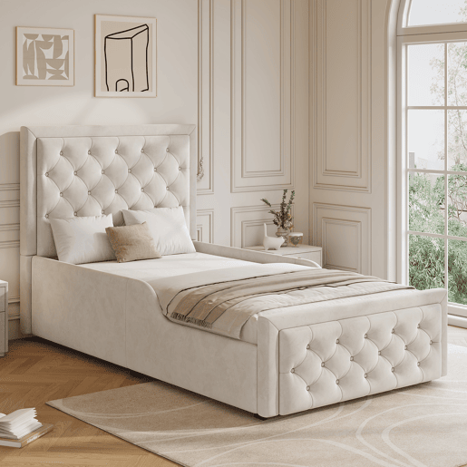 Cama de solteiro de veludo 90x200 cm com armazenamento,bege