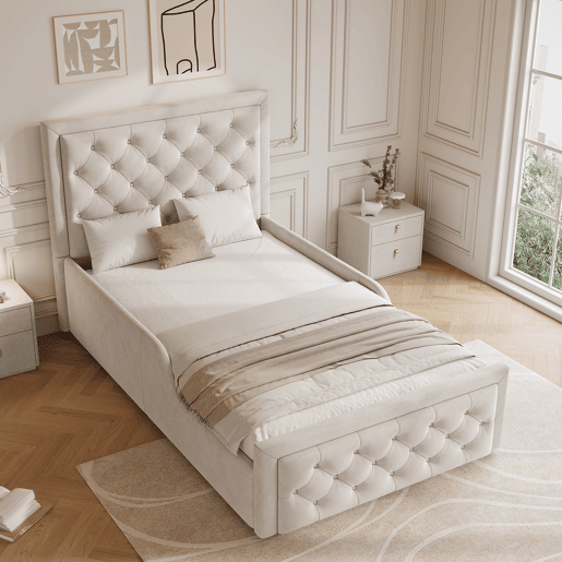 Cama de solteiro de veludo 90x200 cm com armazenamento,bege