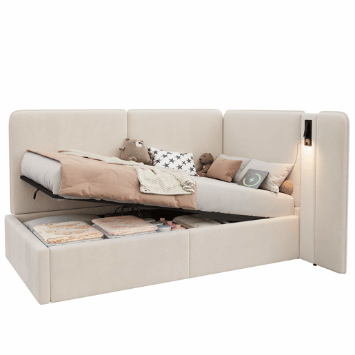 Cama de dia 90x200 cm - Cama estofada com arrumação hidráulica, porta USB e candeeiro de leitura - Bege