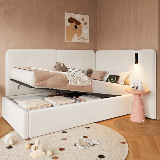 Cama de dia 90x200 cm - Cama estofada com arrumação hidráulica, porta USB e candeeiro de leitura - Bege