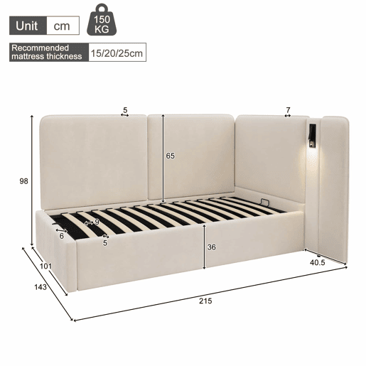 Cama de dia 90x200 cm - Cama estofada com arrumação hidráulica, porta USB e candeeiro de leitura - Bege