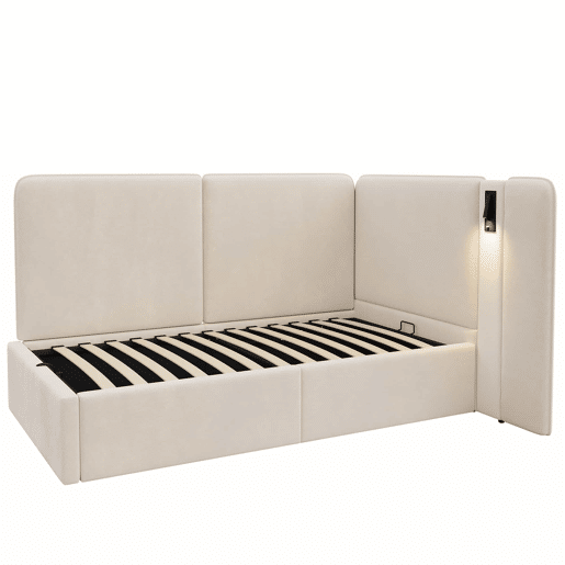Cama de dia 90x200 cm - Cama estofada com arrumação hidráulica, porta USB e candeeiro de leitura - Bege