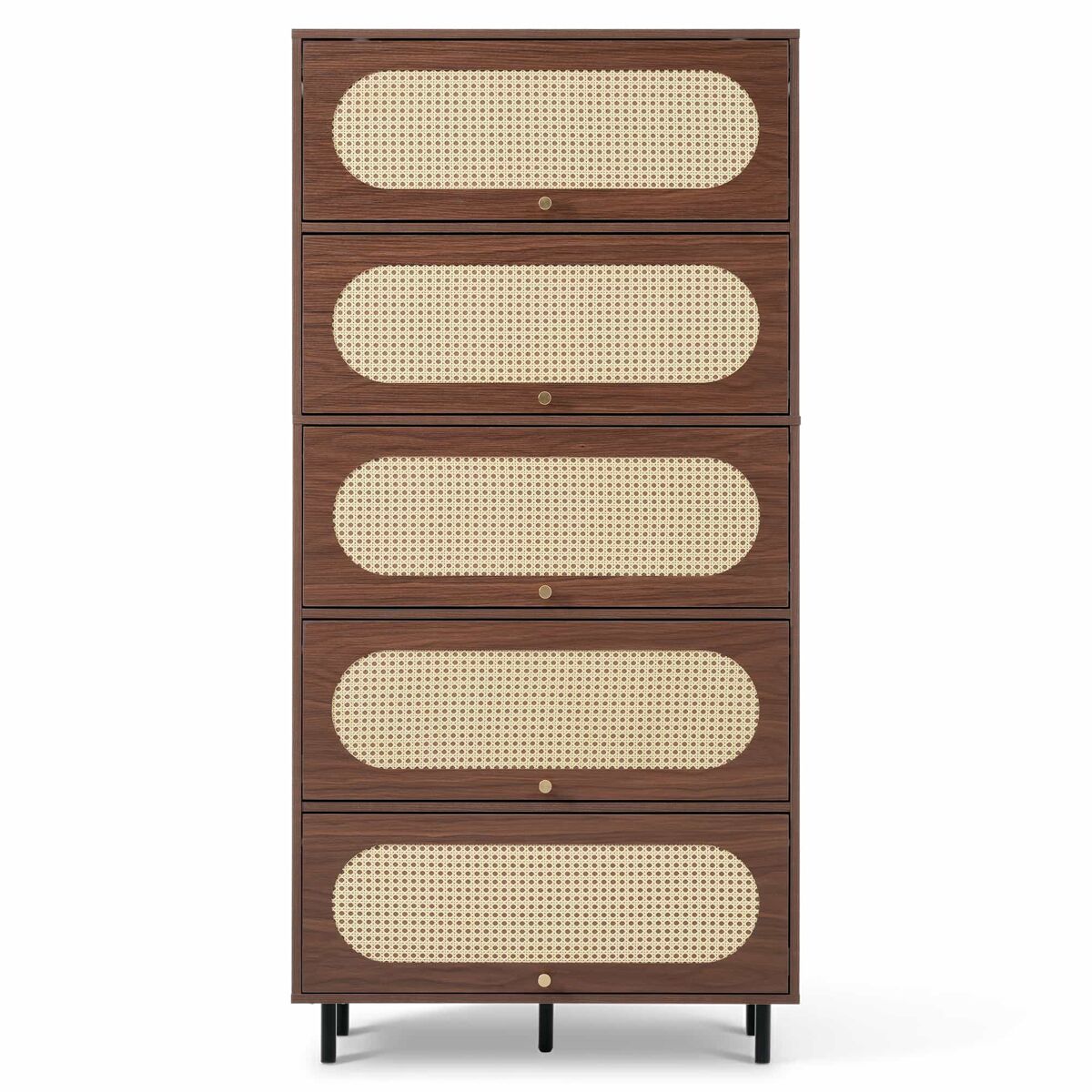 Armario alto 80x40x163 cm - 5 puertas abatibles, ratán, madera con patas de metal, gran espacio de almacenamiento, salón pasillo cocina - nogal