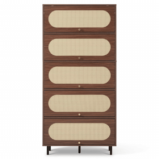 Armário alto 80 x 40 x 163 cm - 5 portas basculantes, rattan, madeira com pés de metal, grande espaço de arrumação, sala, corredor, cozinha - nogueira