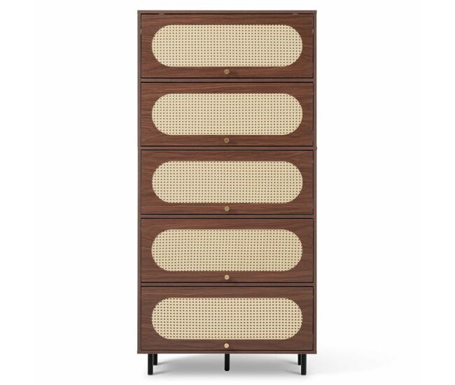 Armario alto 80x40x163 cm - 5 puertas abatibles, ratán, madera con patas de metal, gran espacio de almacenamiento, salón pasillo cocina - nogal