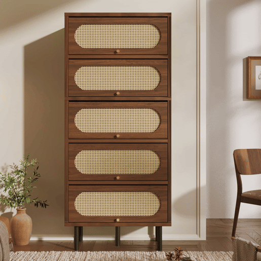Armário alto 80 x 40 x 163 cm - 5 portas basculantes, rattan, madeira com pés de metal, grande espaço de arrumação, sala, corredor, cozinha - nogueira