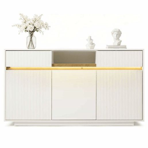 Aparador 140 x 40 x 85 cm - com LED, 2 gavetas, 3 portas, prateleiras ajustáveis, design moderno, sala, corredor, cozinha - branco