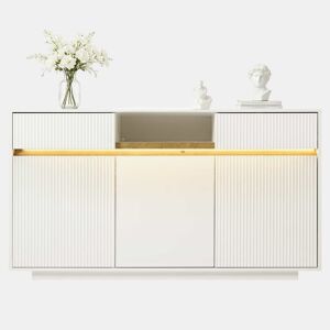 Aparador 140 x 40 x 85 cm - com LED, 2 gavetas, 3 portas, prateleiras ajustáveis, design moderno, sala, corredor, cozinha - branco