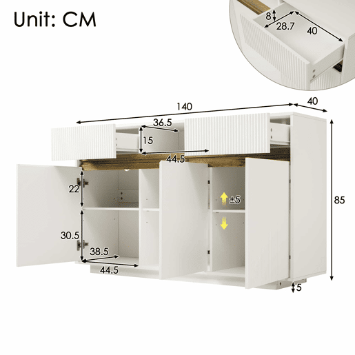 Aparador 140 x 40 x 85 cm - com LED, 2 gavetas, 3 portas, prateleiras ajustáveis, design moderno, sala, corredor, cozinha - branco