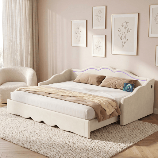 Sofá-cama individual conversível 90x200 cm de veludo com luz led,bege