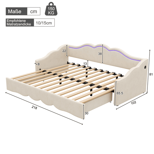 Sofá-cama individual conversível 90x200 cm de veludo com luz led,bege