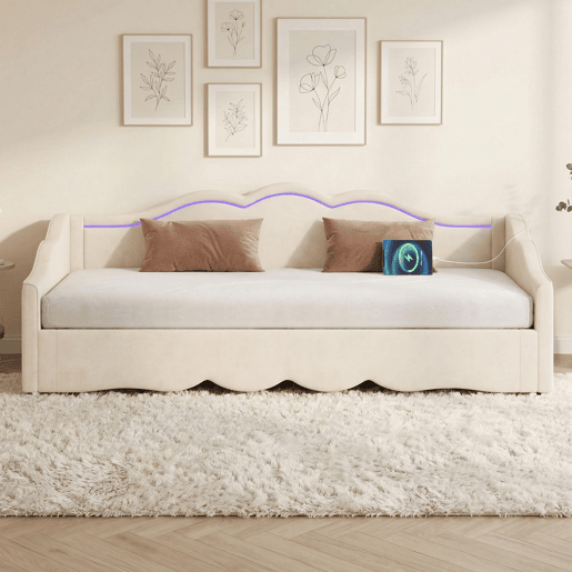 Sofá-cama individual conversível 90x200 cm de veludo com luz led,bege