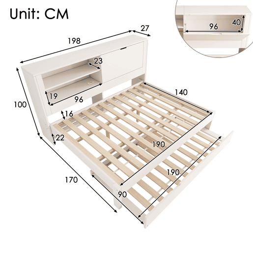 Cama gavetão de madeira maciça 140x190 cm,branco