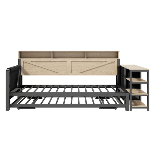 Sofá-cama metálico 90x200 cm - Cama extensível ajustável, armário, 3 gavetas, prateleiras, LED e USB - Preto