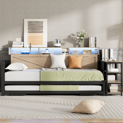 Sofá-cama metálico 90x200 cm - Cama extensível ajustável, armário, 3 gavetas, prateleiras, LED e USB - Preto