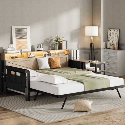 Sofá-cama metálico 90x200 cm - Cama extensível ajustável, armário, 3 gavetas, prateleiras, LED e USB - Preto