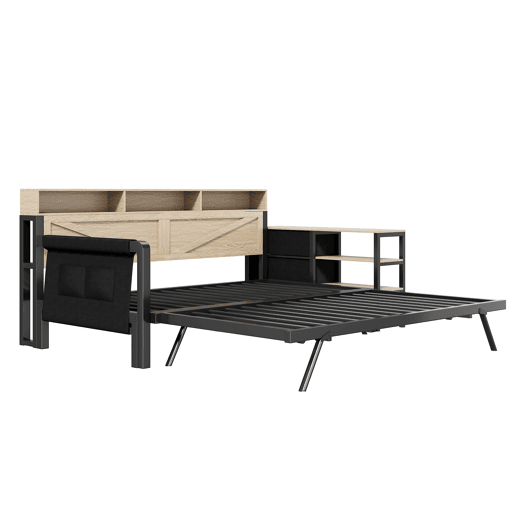 Sofá-cama metálico 90x200 cm - Cama extensível ajustável, armário, 3 gavetas, prateleiras, LED e USB - Preto