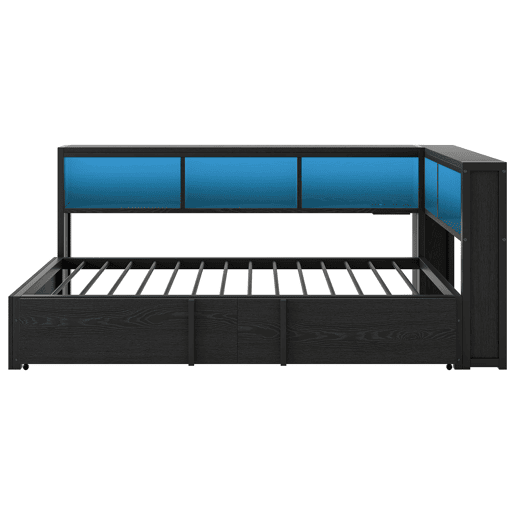 Cama metálica de dia 90x200 - com cama extra, arrumação, LED e USB - Preto