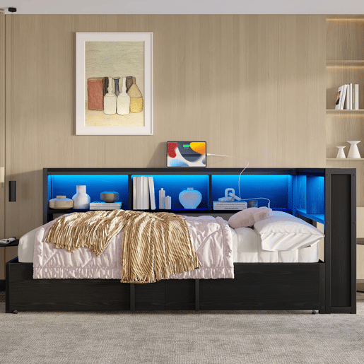 Cama metálica de dia 90x200 - com cama extra, arrumação, LED e USB - Preto