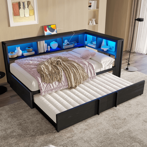 Cama metálica de dia 90x200 - com cama extra, arrumação, LED e USB - Preto