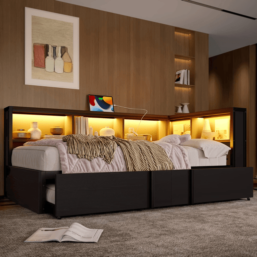 Cama metálica de dia 90x200 - com cama extra, arrumação, LED e USB - Preto