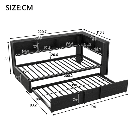Cama metálica de dia 90x200 - com cama extra, arrumação, LED e USB - Preto