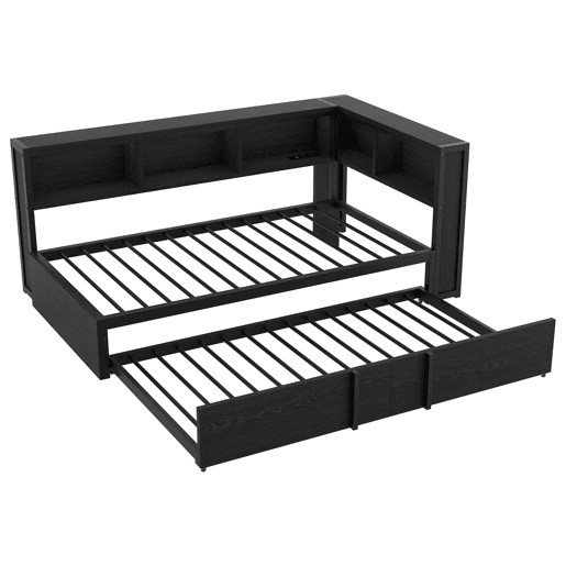 Cama metálica de dia 90x200 - com cama extra, arrumação, LED e USB - Preto