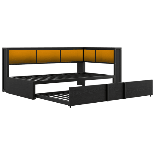 Cama metálica de dia 90x200 - com cama extra, arrumação, LED e USB - Preto