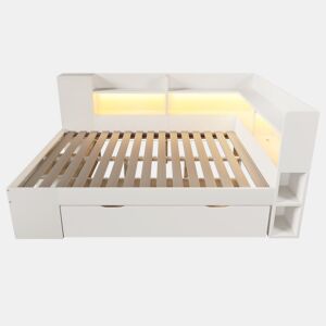 Cama funcional 140x200 cm - LED, USBTipo-C, arrumação e prateleiras - Branco