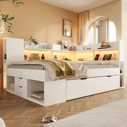 Cama funcional 140x200 cm - LED, USBTipo-C, arrumação e prateleiras - Branco