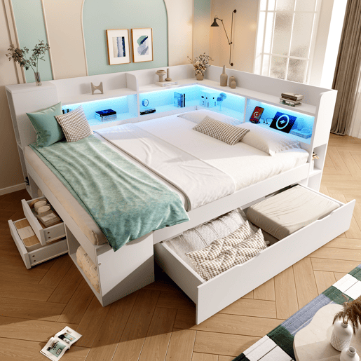 Cama funcional 140x200 cm - LED, USBTipo-C, arrumação e prateleiras - Branco