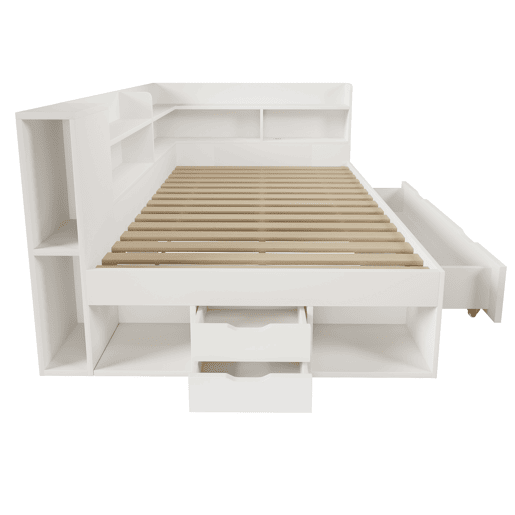 Cama funcional 140x200 cm - LED, USBTipo-C, arrumação e prateleiras - Branco