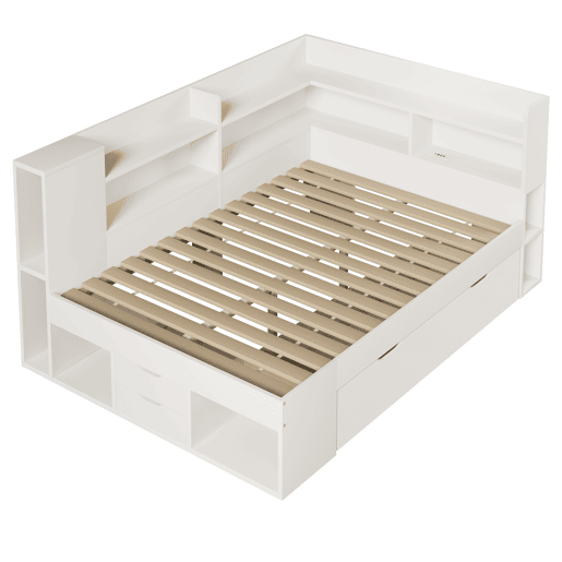 Cama funcional 140x200 cm - LED, USBTipo-C, arrumação e prateleiras - Branco