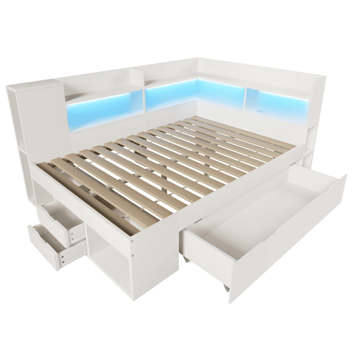 Cama funcional 140x200 cm - LED, USBTipo-C, arrumação e prateleiras - Branco
