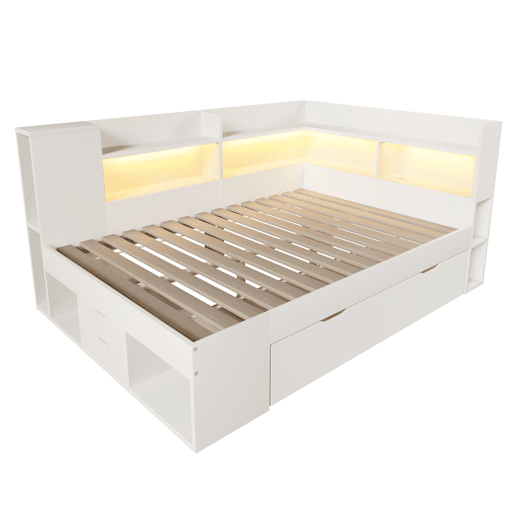 Cama funcional 140x200 cm - LED, USBTipo-C, arrumação e prateleiras - Branco