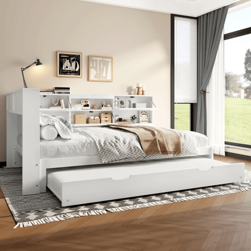 Cama nido 140x200 cm - sofá-cama, cabeceira com arrumação, cama extraível, sem colchão - branco