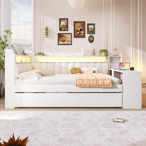 Cama nido estofada 140x200 - USB, LED, secretária - Branco