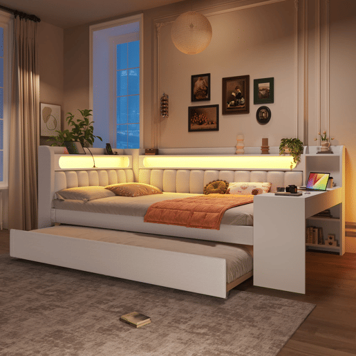 Cama nido estofada 140x200 - USB, LED, secretária - Branco