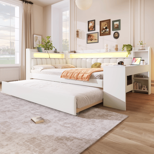 Cama nido estofada 140x200 - USB, LED, secretária - Branco