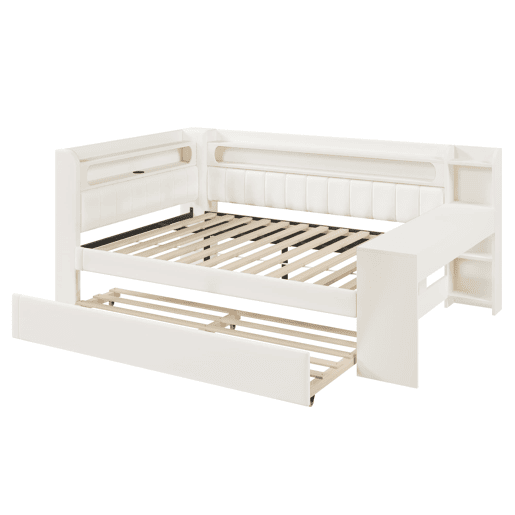 Cama nido estofada 140x200 - USB, LED, secretária - Branco
