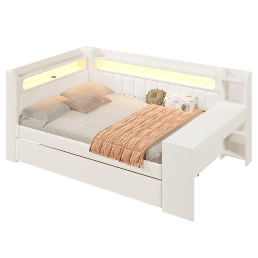 Cama nido estofada 140x200 - USB, LED, secretária - Branco