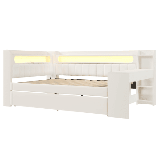 Cama nido estofada 140x200 - USB, LED, secretária - Branco