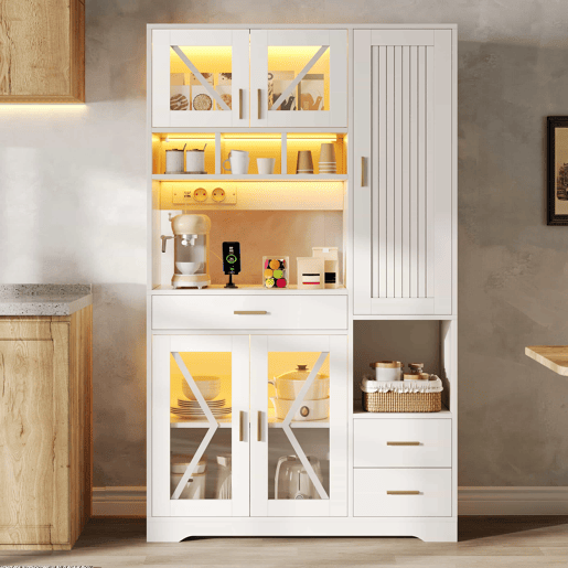 Armário de cozinha 185 x 105 x 40 cm - estilo celeiro, armário alto de arrumação com vitrina, prateleiras ajustáveis, gaveta, iluminação LED com mudança de cor e tomadas - branco