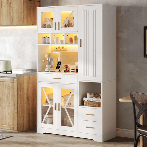 Armário de cozinha 185 x 105 x 40 cm - estilo celeiro, armário alto de arrumação com vitrina, prateleiras ajustáveis, gaveta, iluminação LED com mudança de cor e tomadas - branco